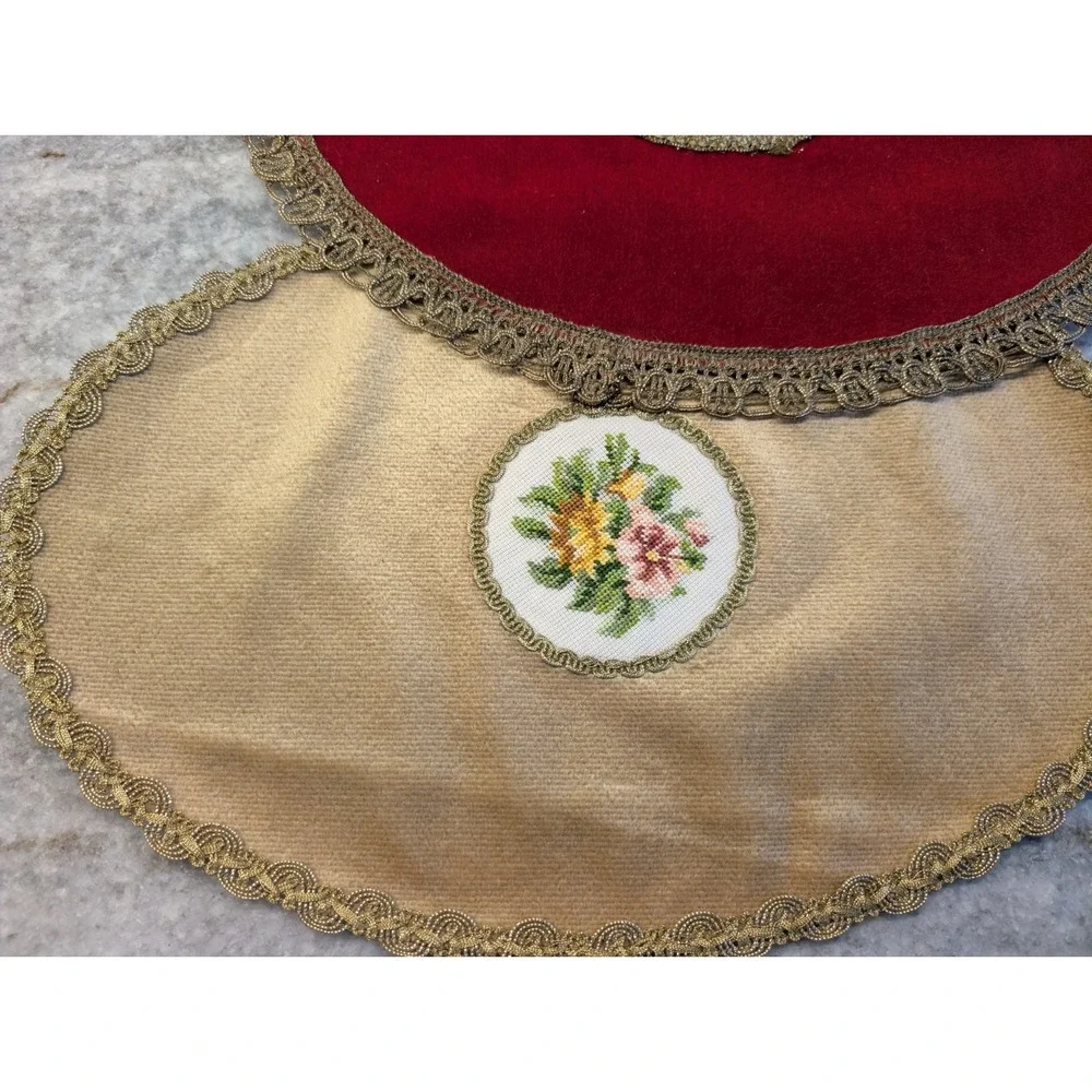 Hungarian Velvet Table Toppers Tapestry w/ Gold Trim, Set Of Two With Embroidery